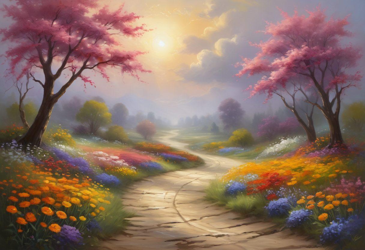A serene landscape illustrating a journey from dark, stormy skies on one side to bright, sunny ones on the other, symbolizing the transition from grief to celebration. Along the path, include soft, gentle figures embracing each other with affection, surrounded by blooming flowers that represent hope and devotion. Incorporate warm colors and a subtle glow to enhance the sense of warmth and healing. Impressionistic style. vibrant colors.