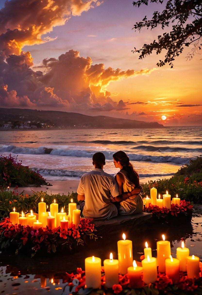 A serene landscape showcasing a diverse group of people engaging in a joyful life celebration, surrounded by symbolic elements like flowers, candles, and photographs that represent cherished memories. In the background, a majestic sunset casts warm hues, embodying nostalgia and reflection. The scene evokes feelings of unity and remembrance, highlighting the beauty of life and legacy. 3D. vibrant colors. soft focus.